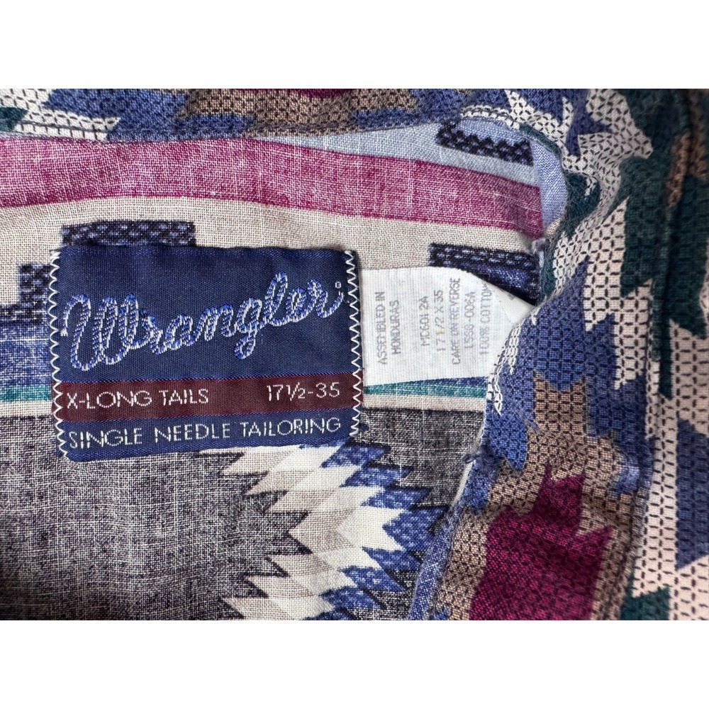 Vtg 90s Wrangler Cowboy Cut Aztec Western Shirt 17.5 x 35 X-Long Tail USA - Picture 6 of 12